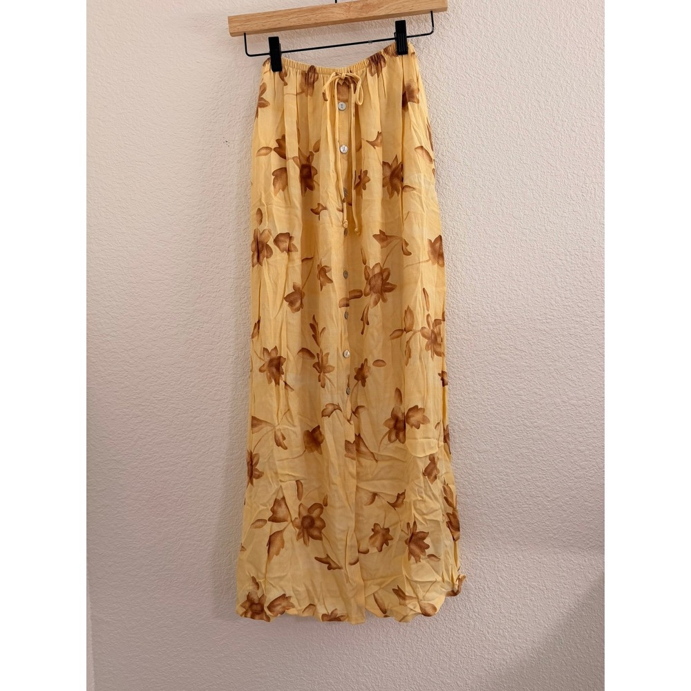 Clio Vintage Yellow Floral Maxi Skirt Button Front Drawstring Feminine Soft